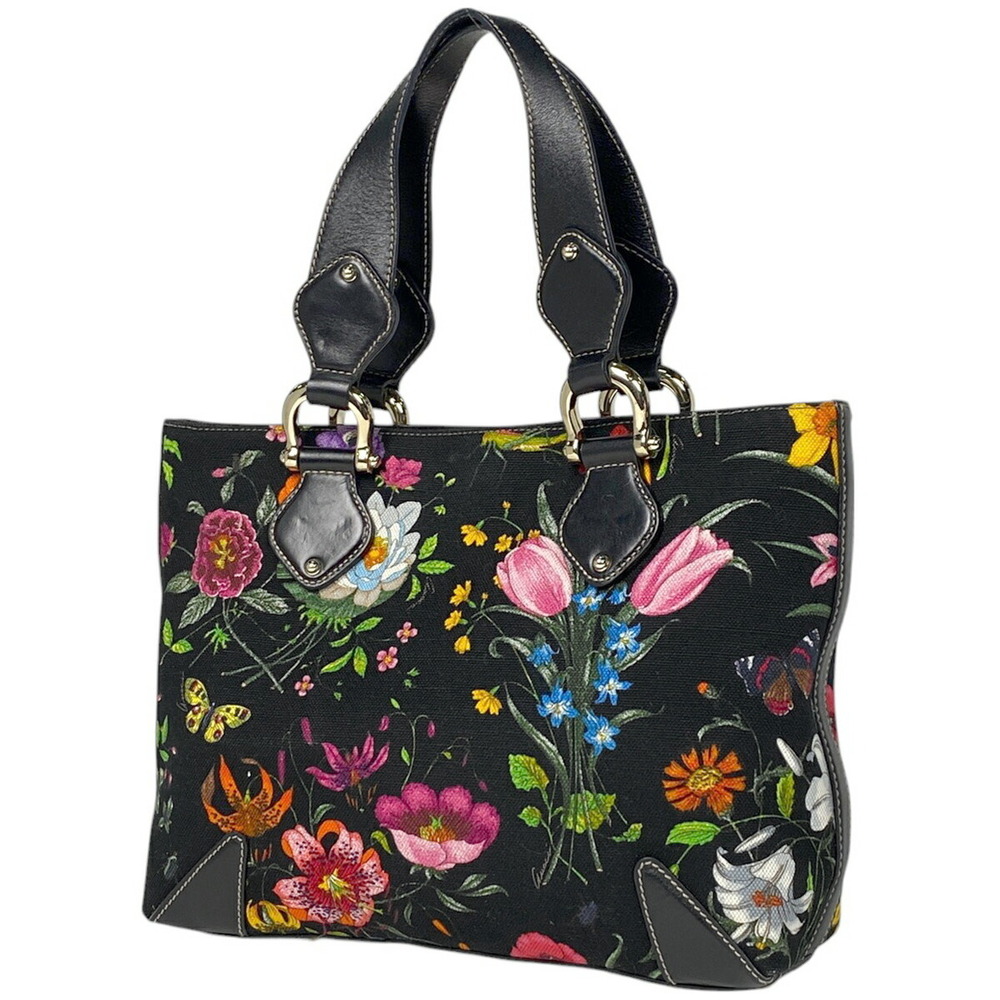 Gucci Flora Flower Tote Bag Handbag Canvas Black Multicolor